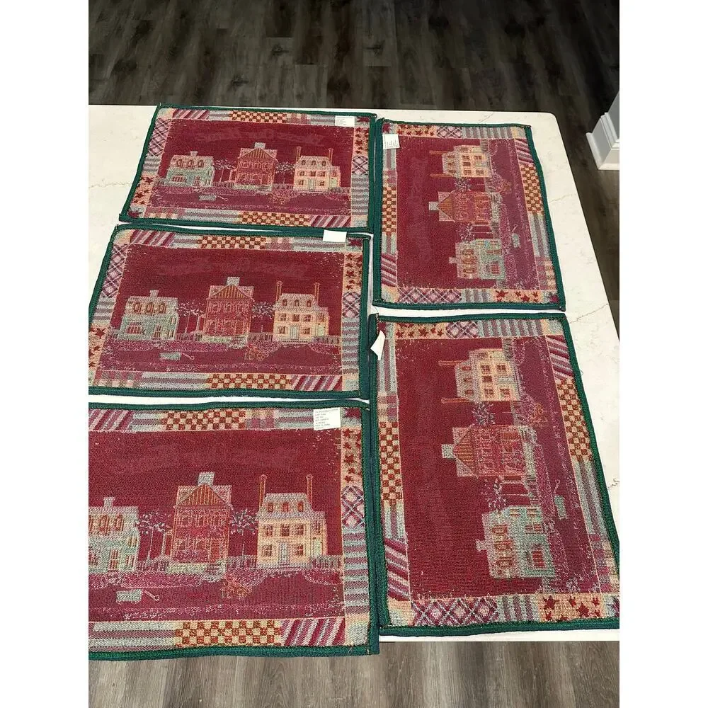 Americana Country Bless Our Home Woven Tapestry Placemats Set of 5 Folk Art USA